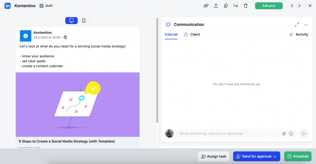 Scheduling LinkedIn posts in Kontentino