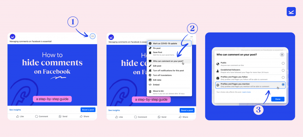 Stappenplan voor het verbergen van reacties op Facebook (op berichtniveau):
